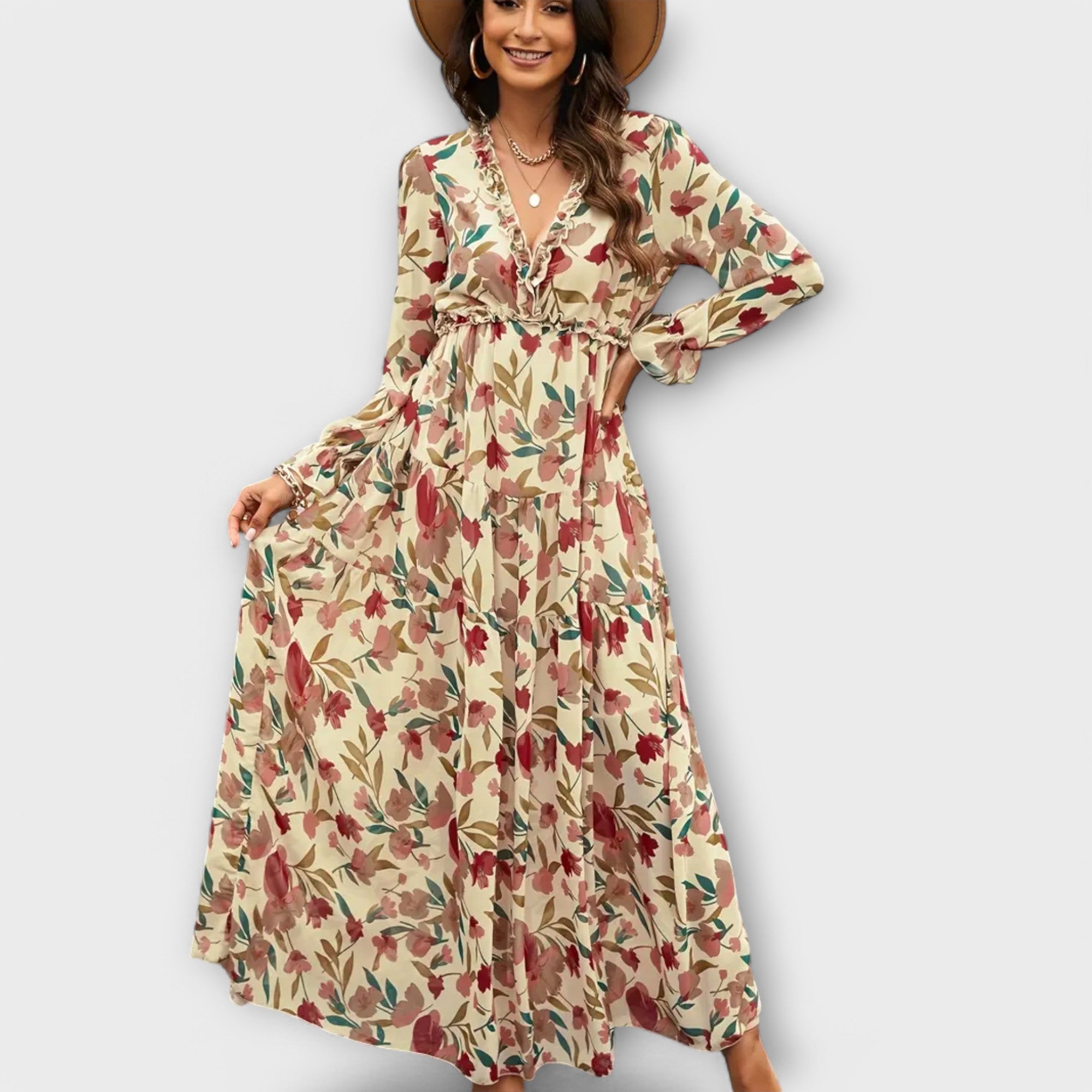 YNAH | V-neck floral maxi dress with long sleeves