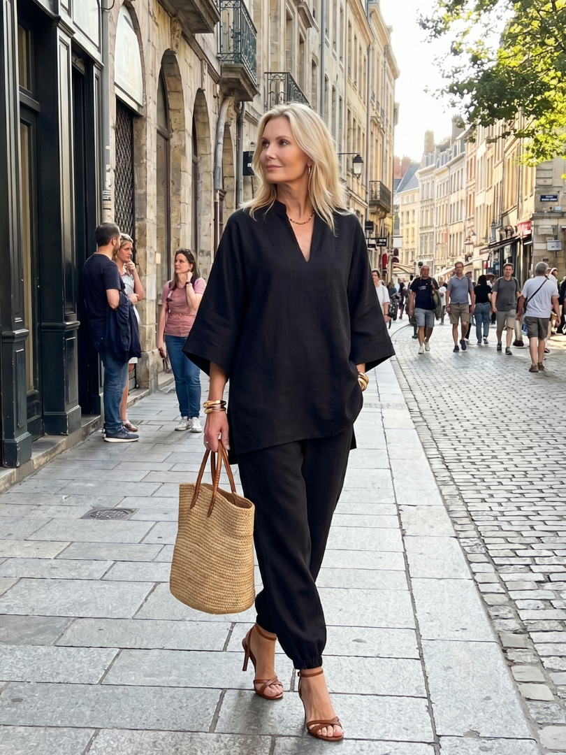 GEORGIANA | Relaxed V-neck tunic with gathered-hem pants