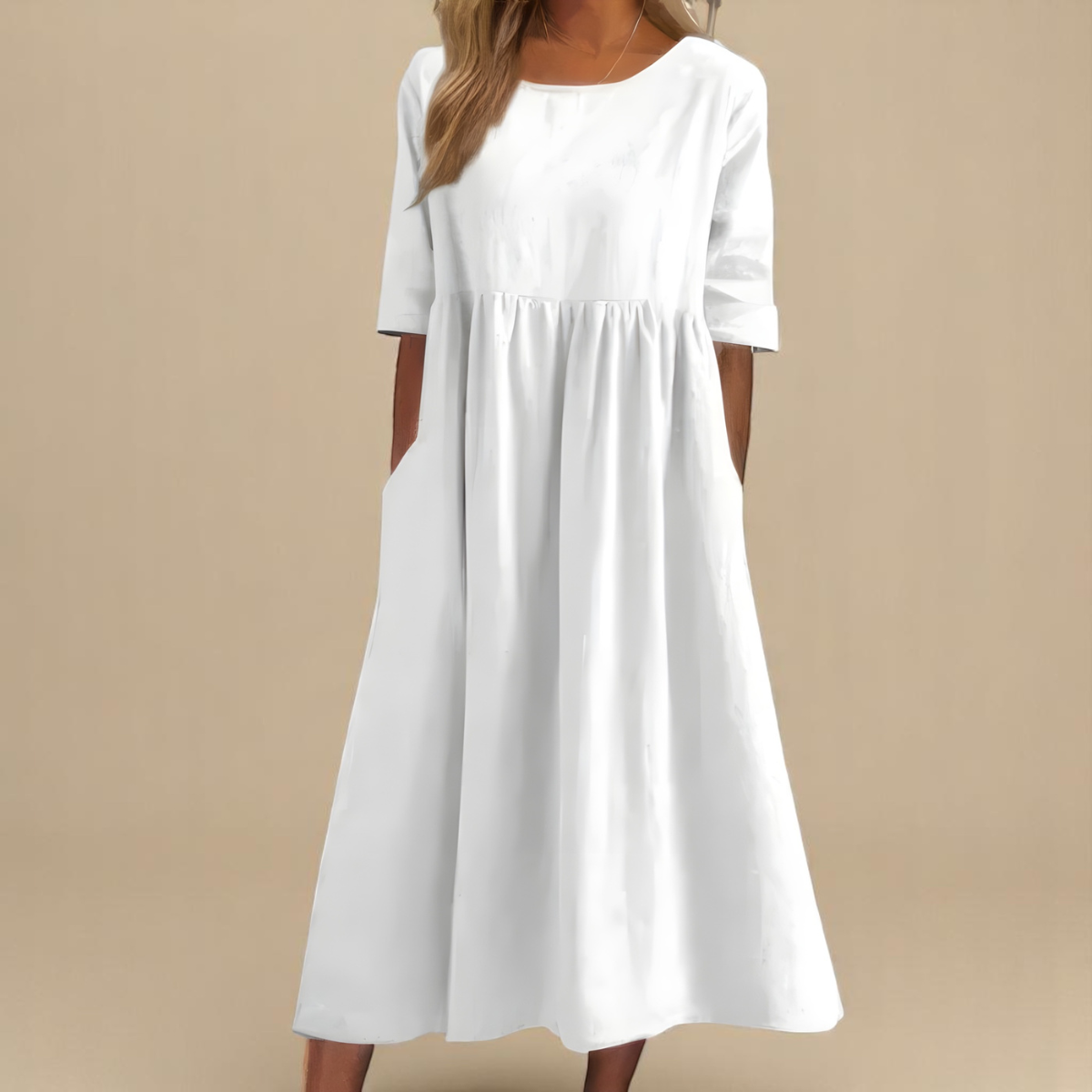 EMILY | Elbow-sleeve midi dress with round neckline
