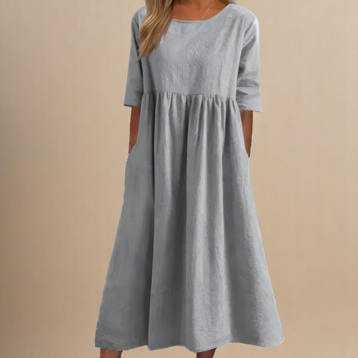 EMILY | Elbow-sleeve midi dress with round neckline