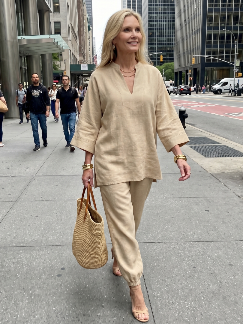 GEORGIANA | Relaxed V-neck tunic with gathered-hem pants