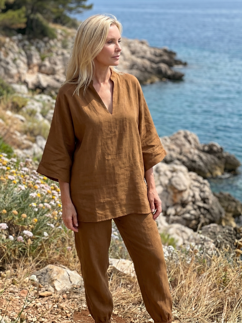 GEORGIANA | Relaxed V-neck tunic with gathered-hem pants