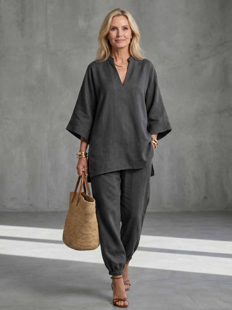 GEORGIANA | Relaxed V-neck tunic with gathered-hem pants