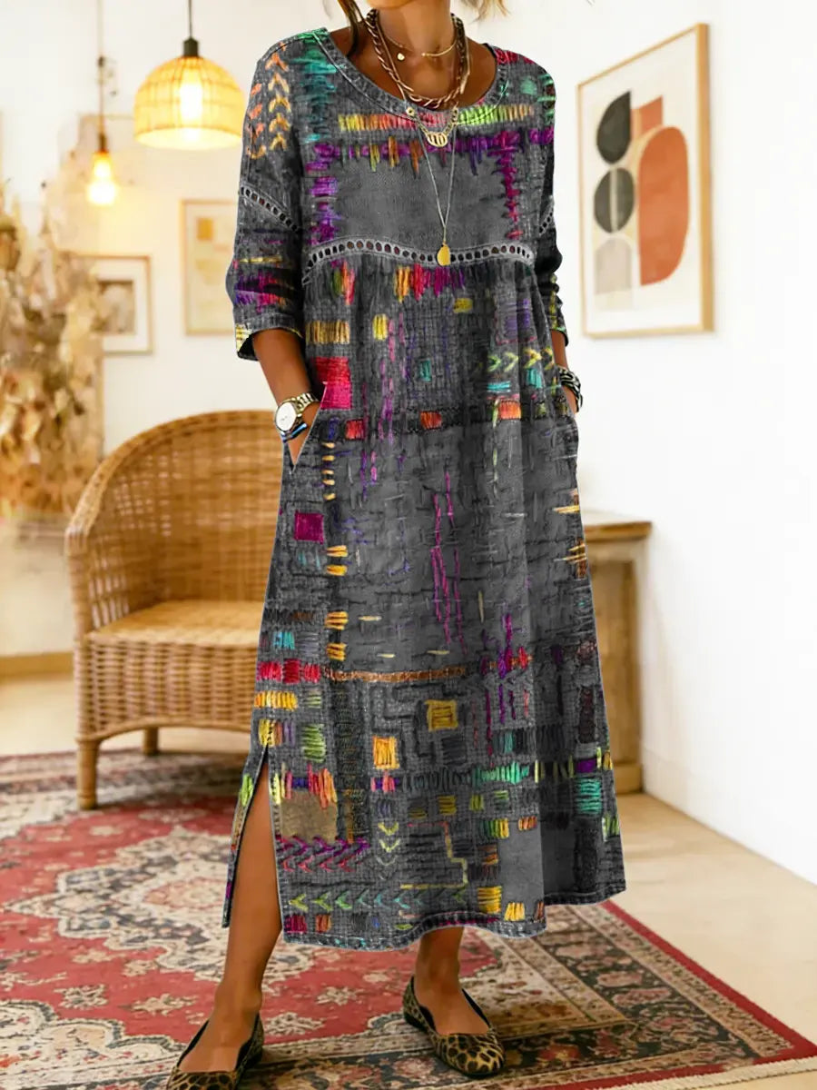 MANUELA | Printed dress with ethnic patchwork detail
