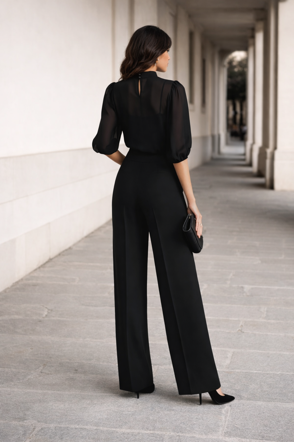 VALENTINA | Three-piece set with sheer blouse and wide-leg pants