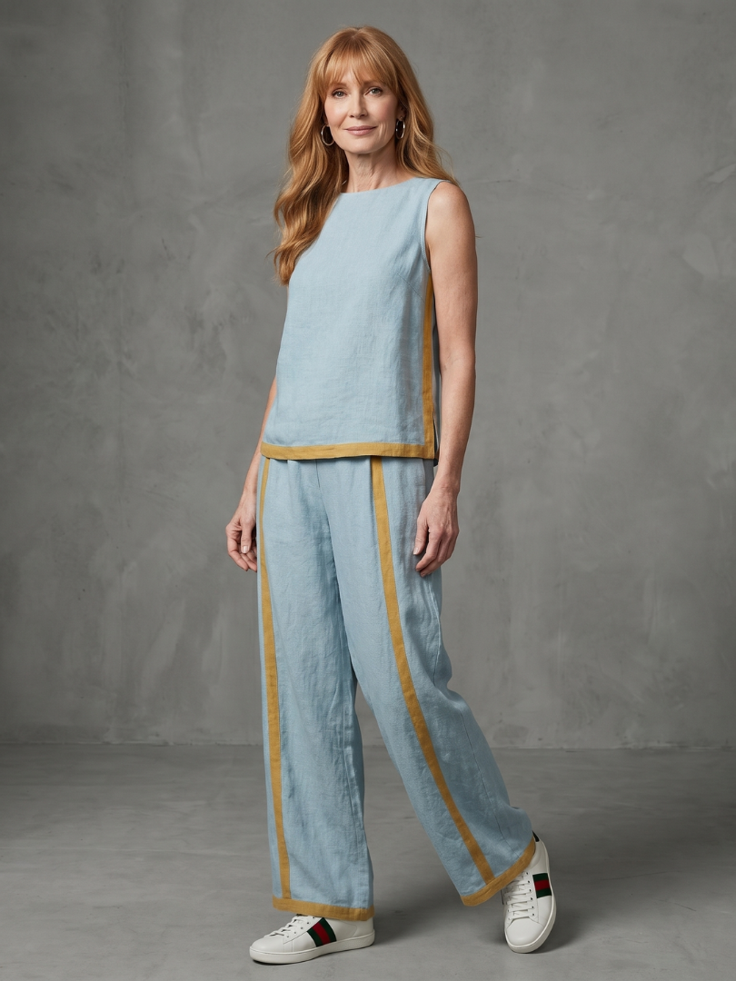 INARA | Sleeveless top with contrast-trim wide-leg pants