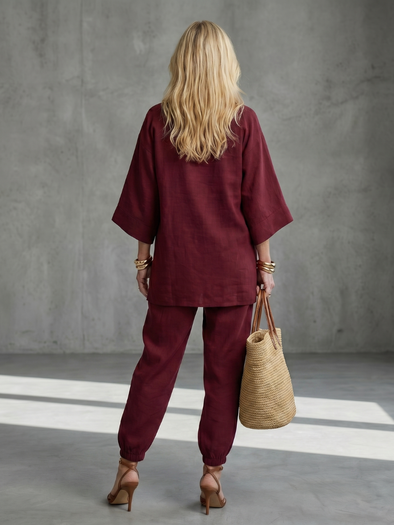 GEORGIANA | Relaxed V-neck tunic with gathered-hem pants