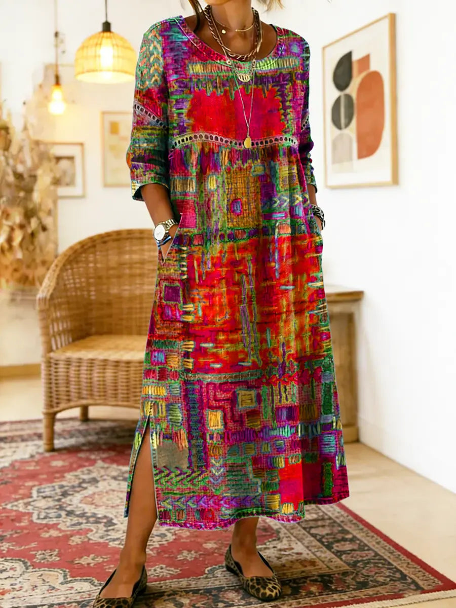 MANUELA | Printed dress with ethnic patchwork detail