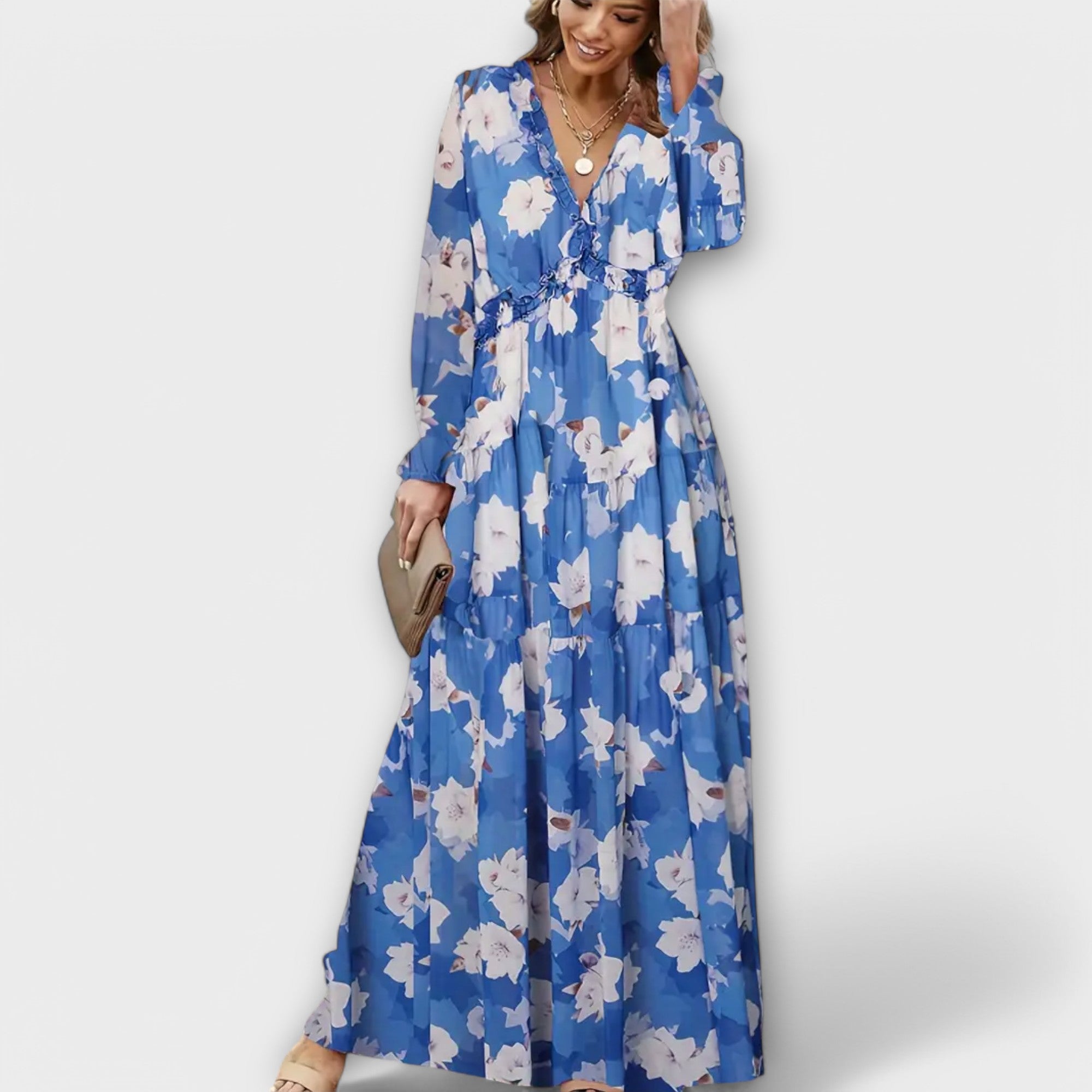 YNAH | V-neck floral maxi dress with long sleeves