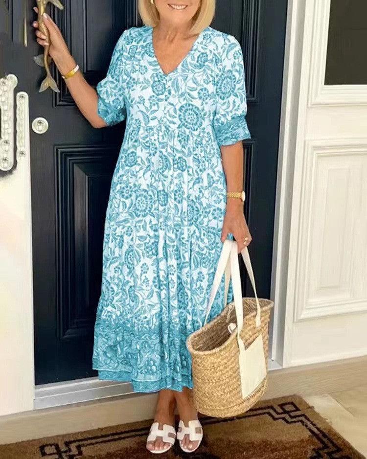 ELLIE | Floral A-line dress with deep V-neck