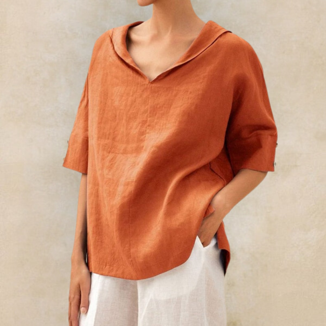 RENEE | Relaxed V-neck linen shirt with half sleeves