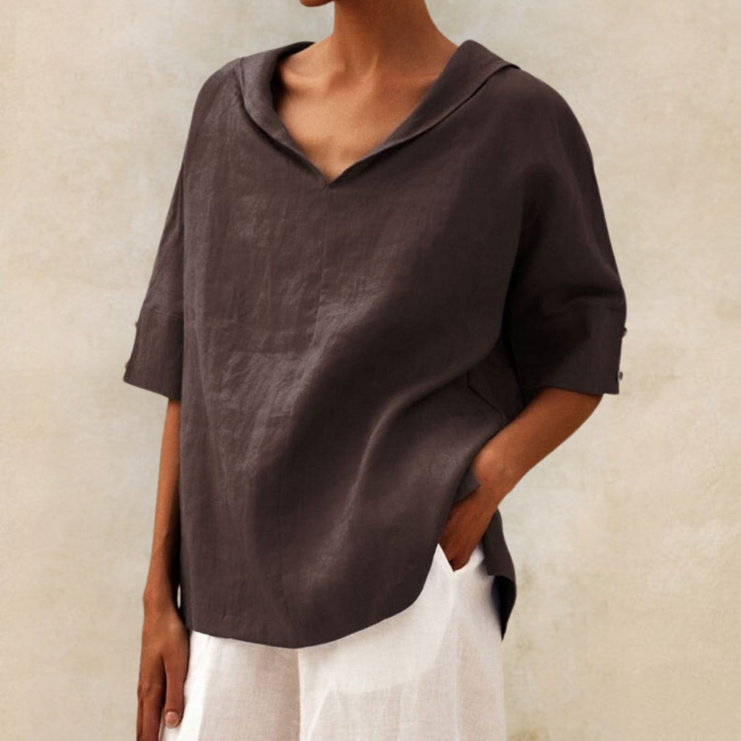 RENEE | Relaxed V-neck linen shirt with half sleeves