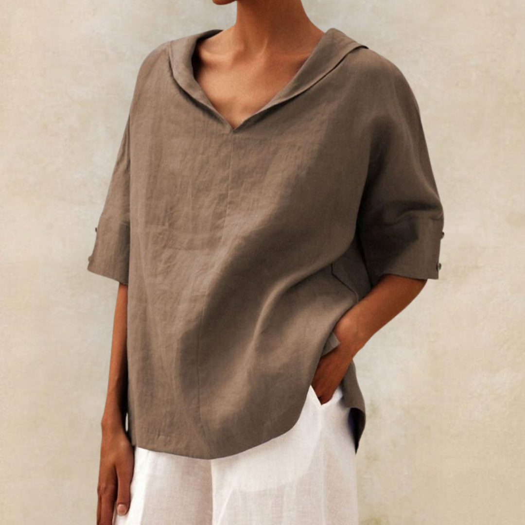 RENEE | Relaxed V-neck linen shirt with half sleeves