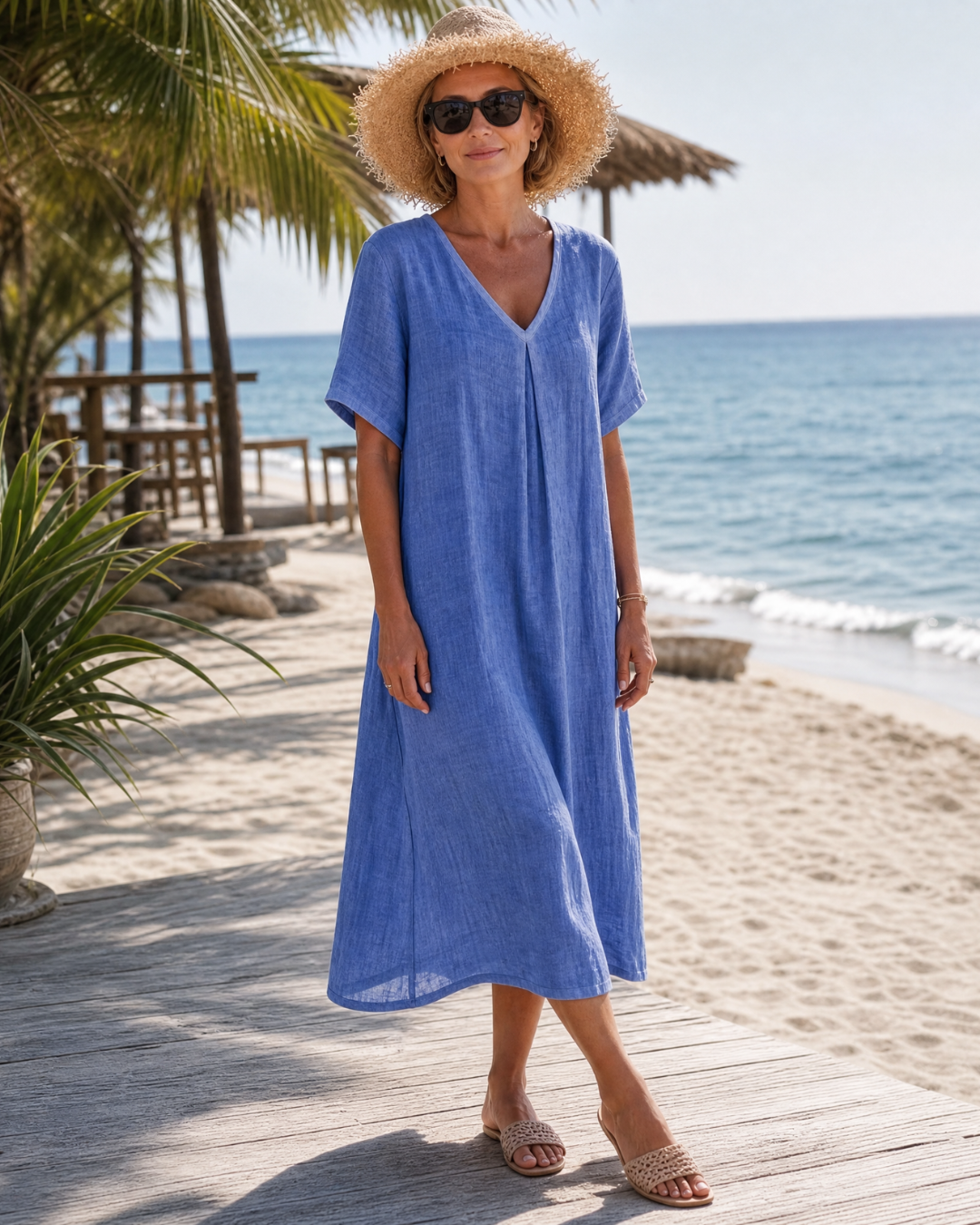 THAMAL | V-neck midi dress with front pleat detail