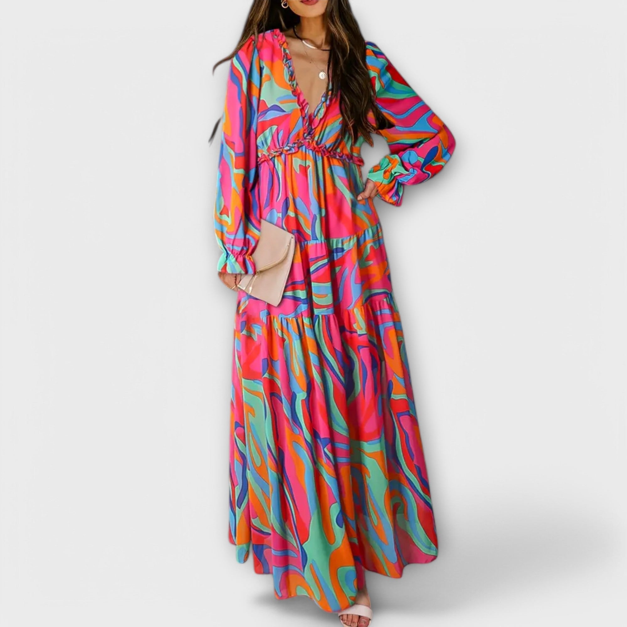 YNAH | V-neck floral maxi dress with long sleeves