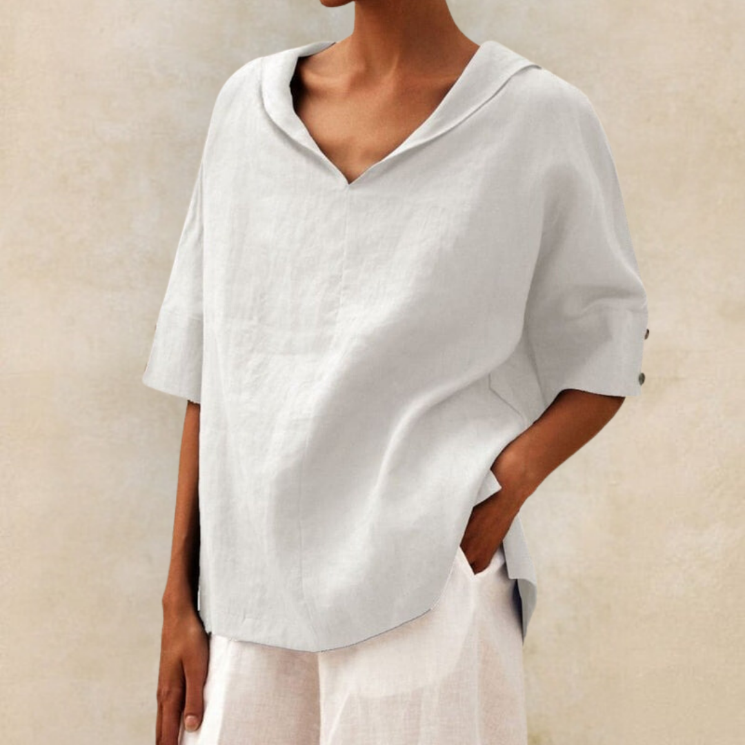 RENEE | Relaxed V-neck linen shirt with half sleeves