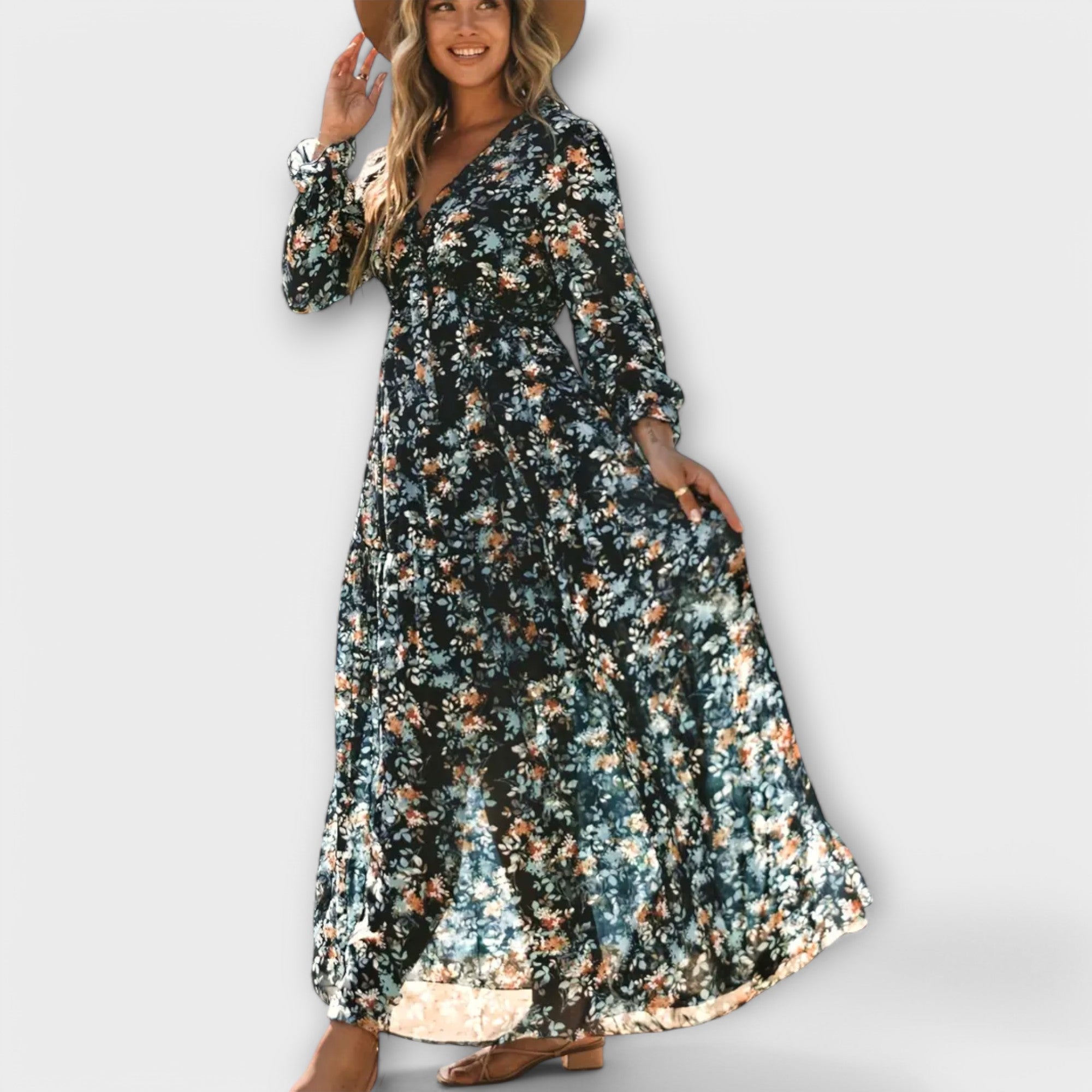 YNAH | V-neck floral maxi dress with long sleeves