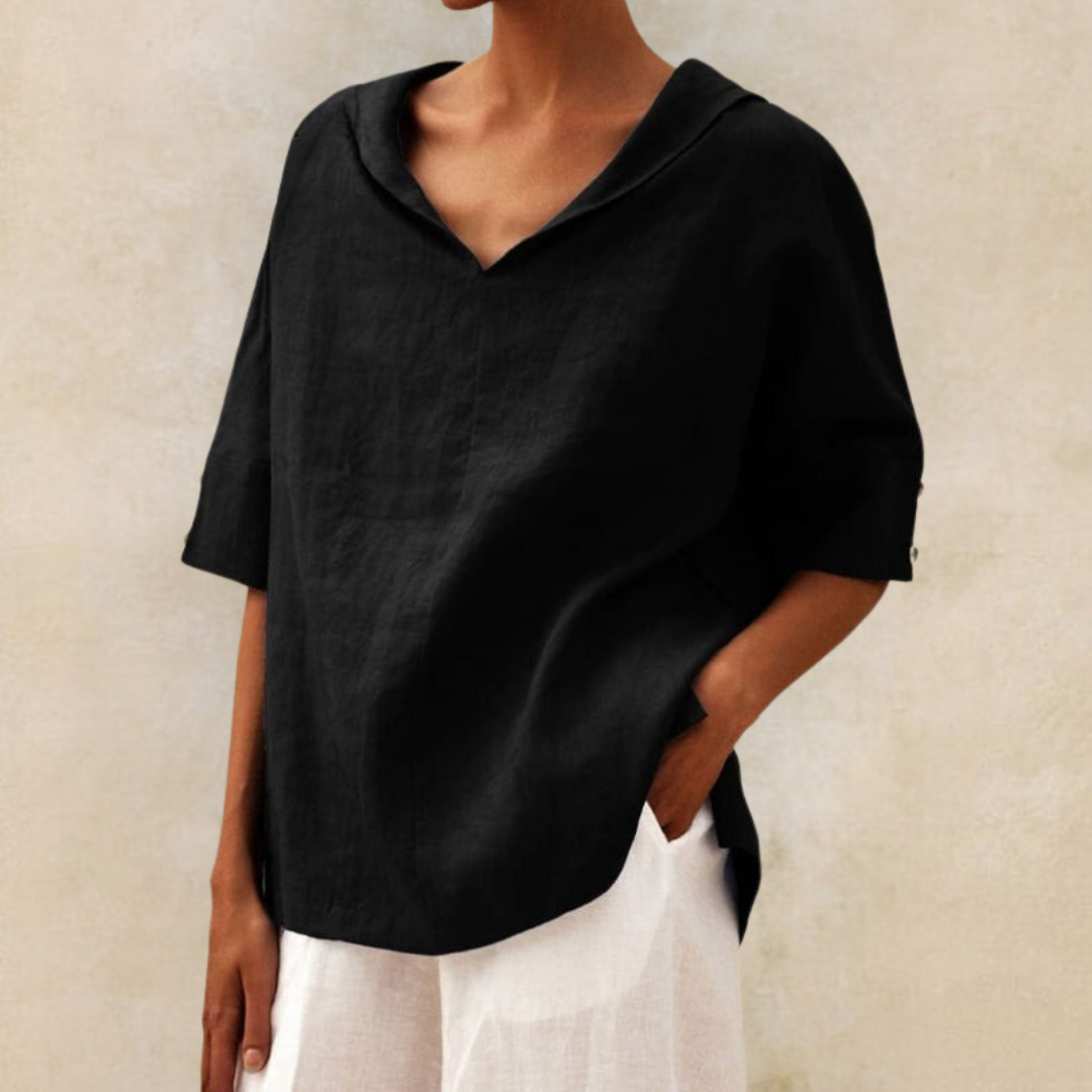 RENEE | Relaxed V-neck linen shirt with half sleeves