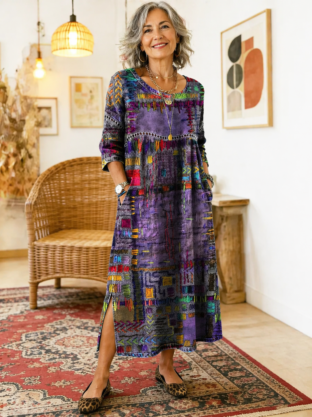 MANUELA | Printed dress with ethnic patchwork detail