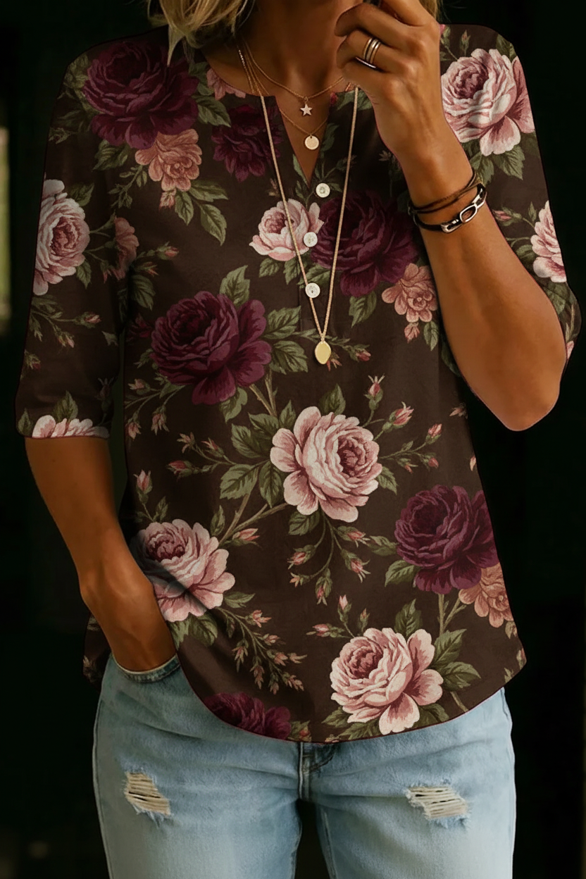 TANYA | Half-sleeve henley top with floral print