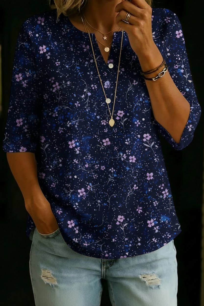 BONNIE | Soft-touch henley top with starry floral print