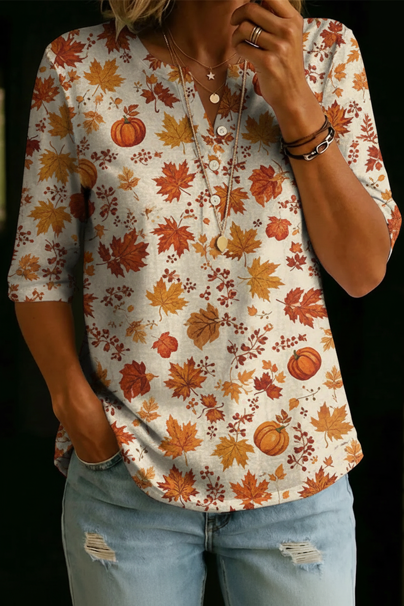 LORI | Soft-touch henley top with maple-leaf print