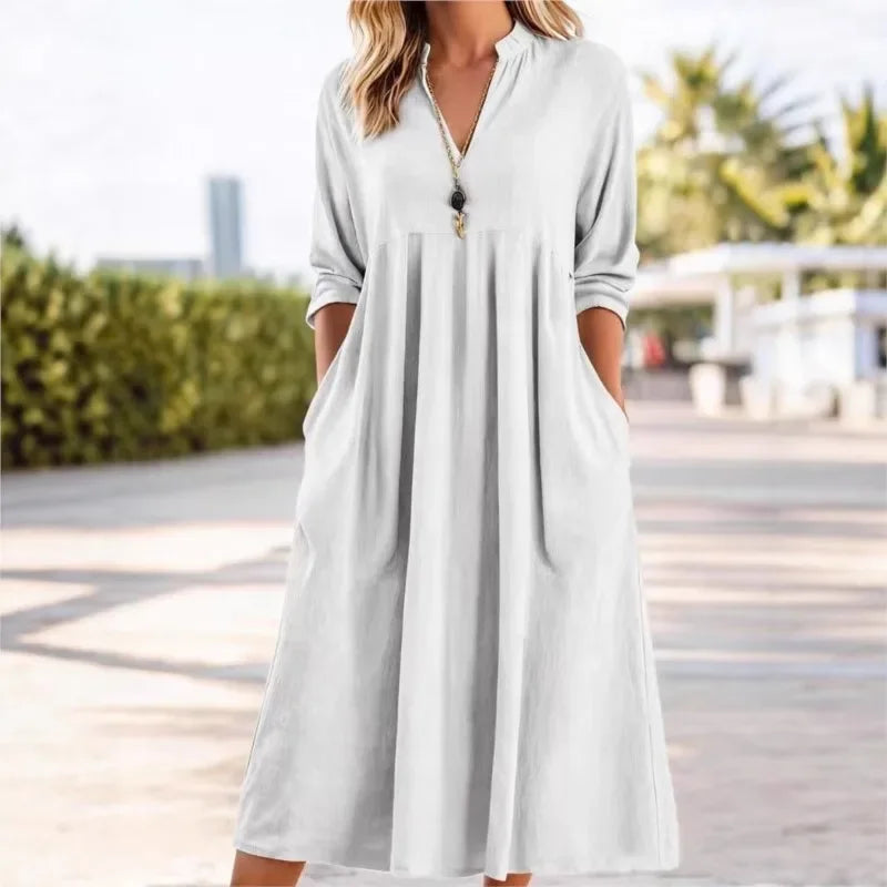 ROSLYN | V-neck linen dress with long sleeves