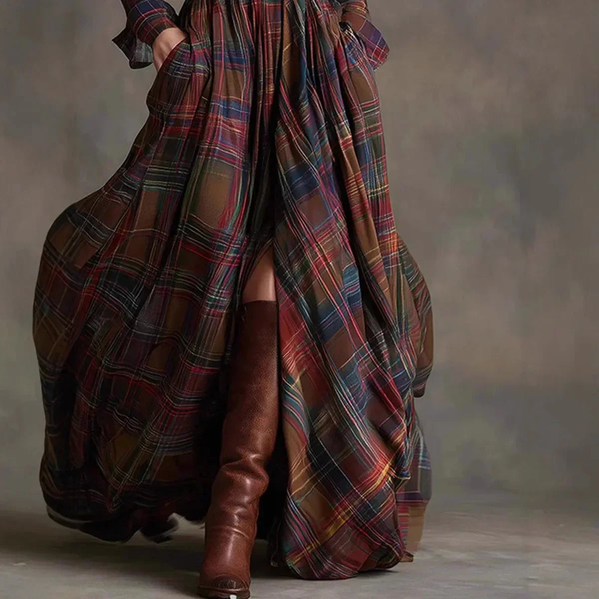 BRYANNA | Relaxed plaid maxi dress with lapel collar