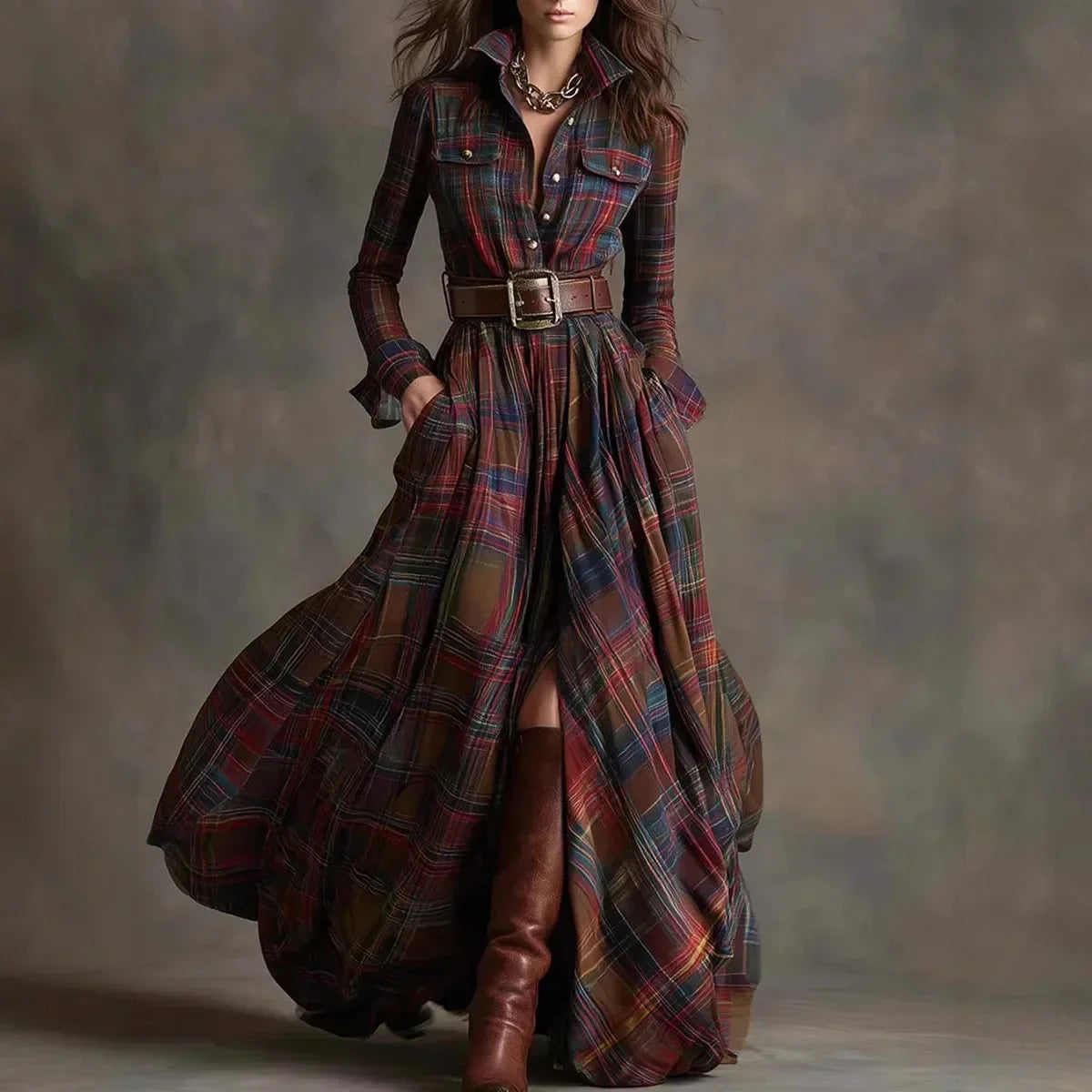 BRYANNA | Relaxed plaid maxi dress with lapel collar