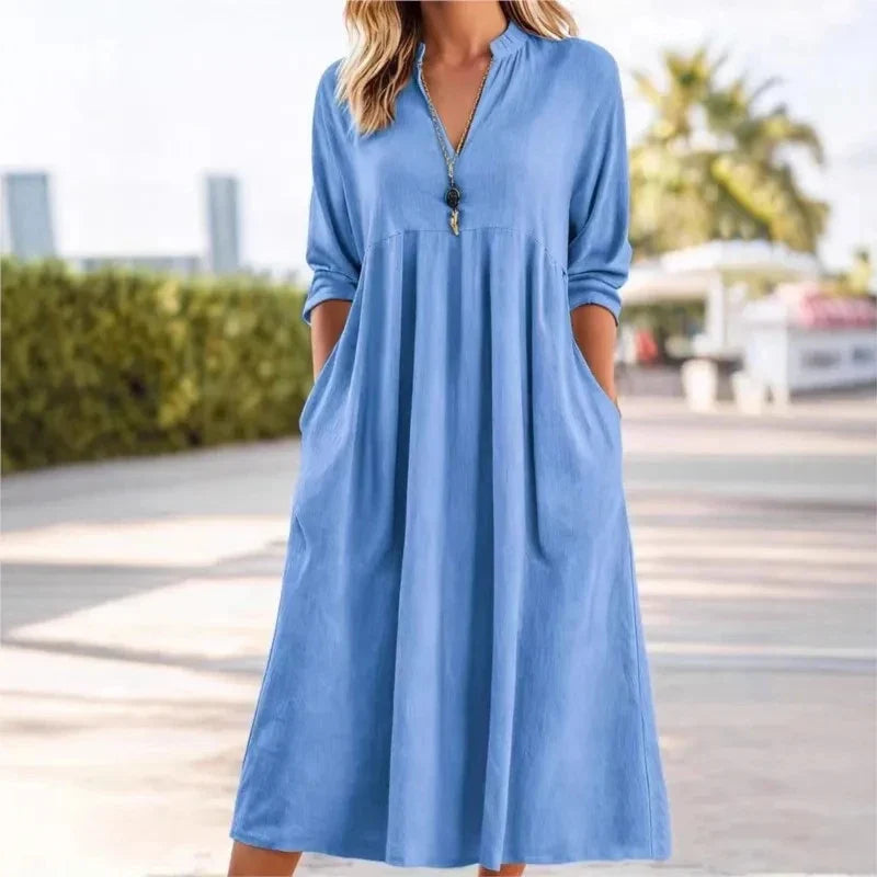 ROSLYN | V-neck linen dress with long sleeves