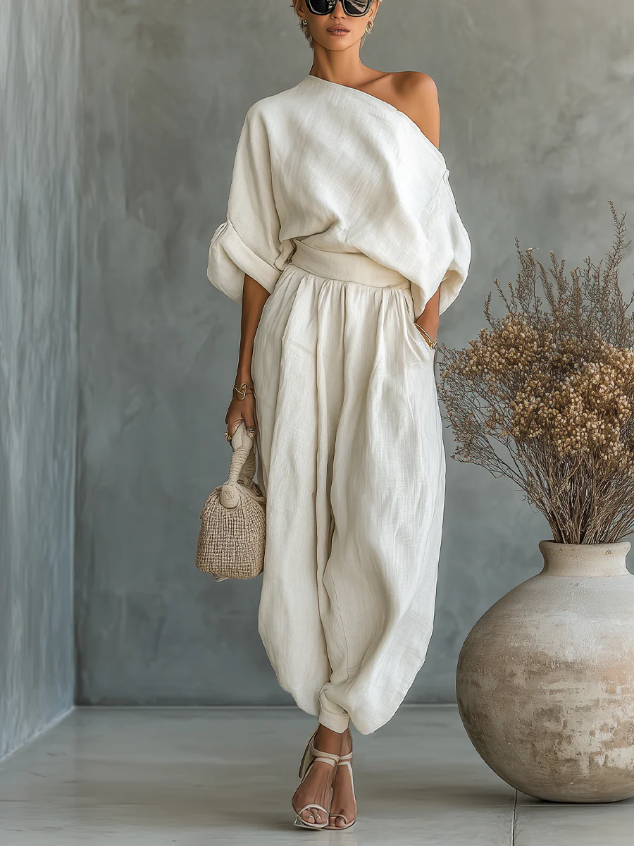 ARIADNA | Off-shoulder set with straight-leg pants