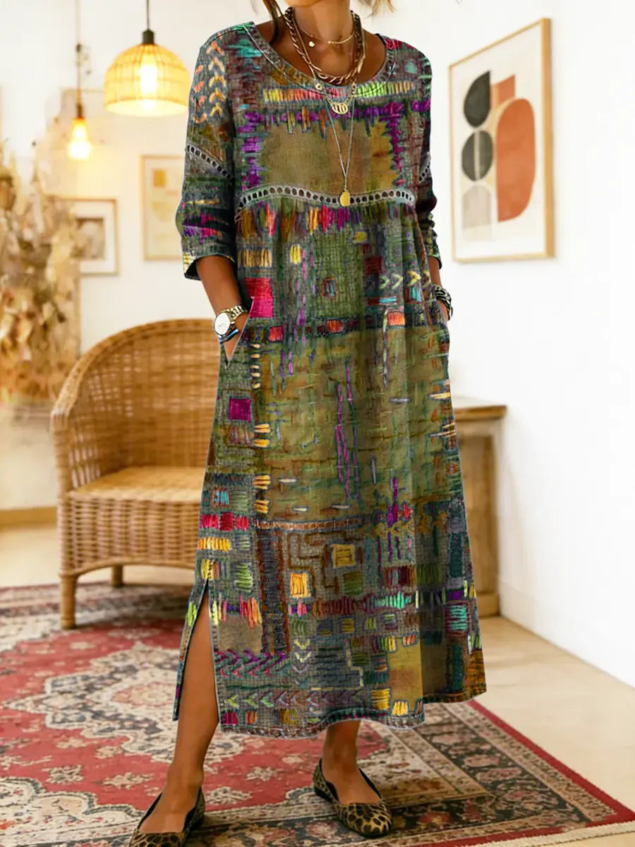MANUELA | Printed dress with ethnic patchwork detail