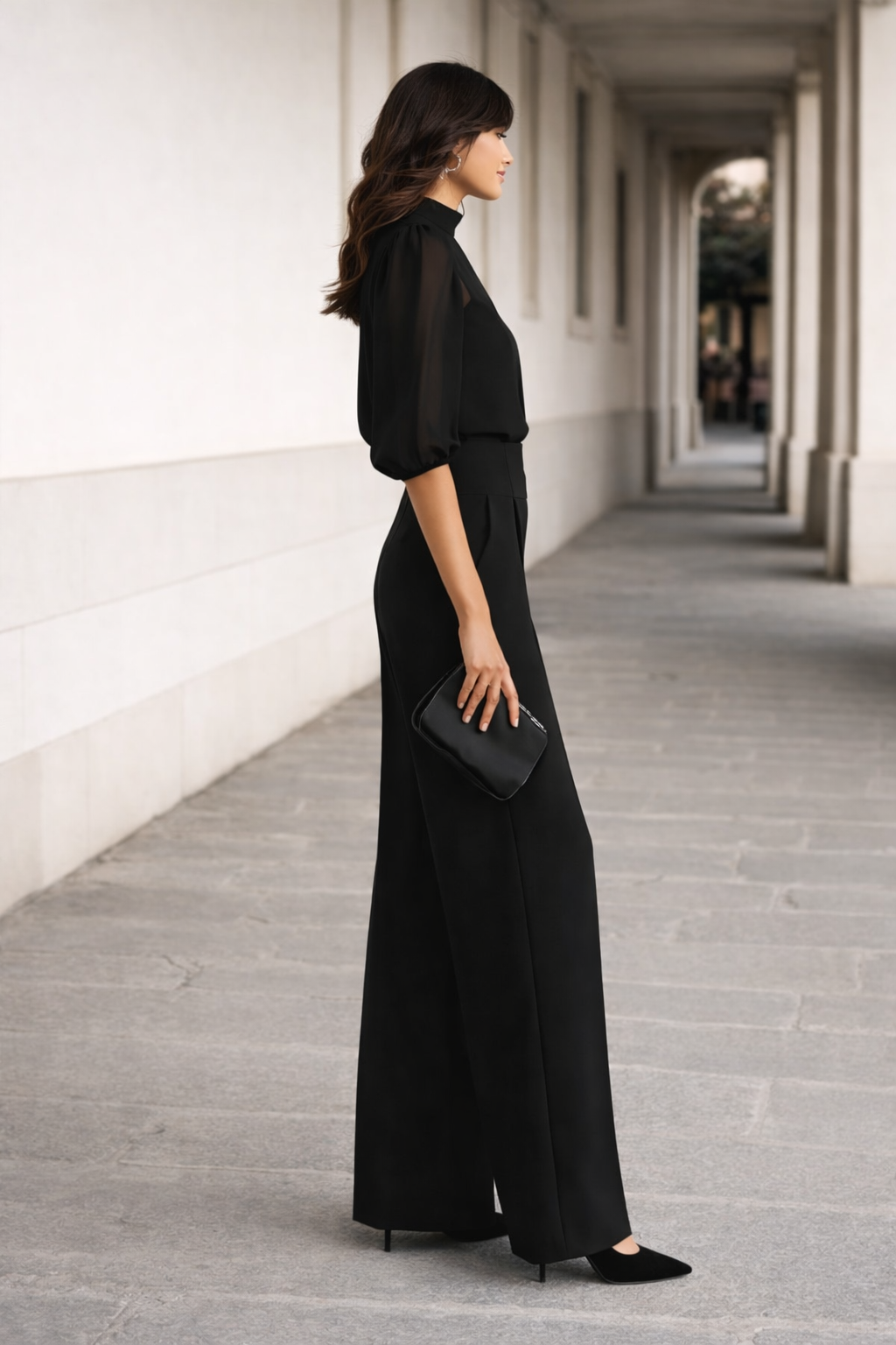 VALENTINA | Three-piece set with sheer blouse and wide-leg pants
