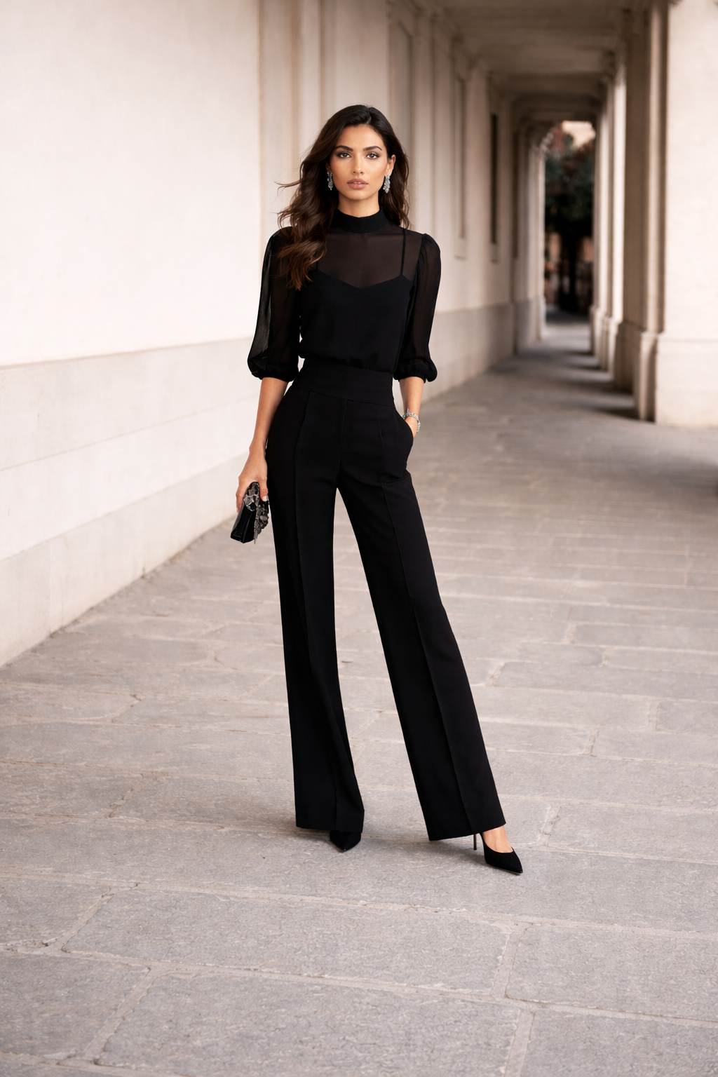 VALENTINA | Three-piece set with sheer blouse and wide-leg pants