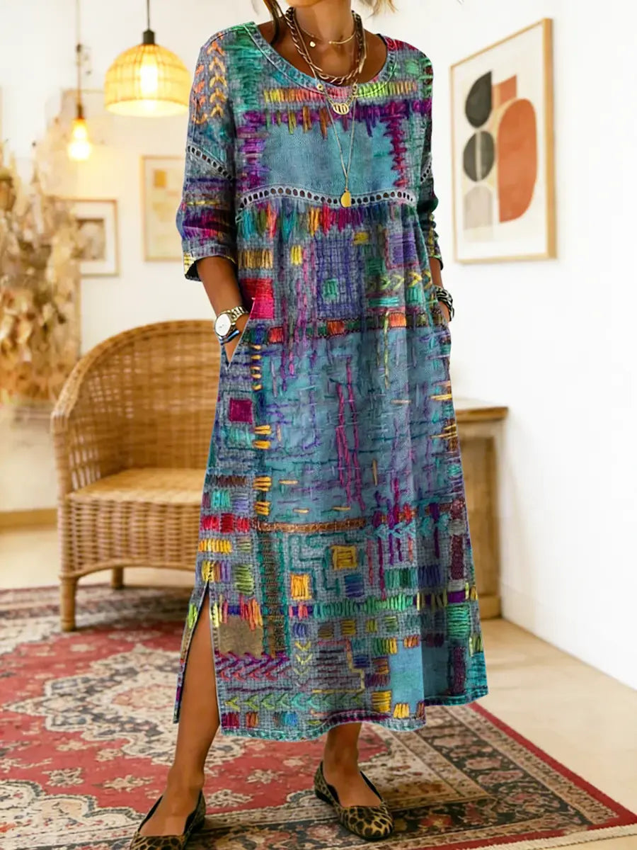 MANUELA | Printed dress with ethnic patchwork detail