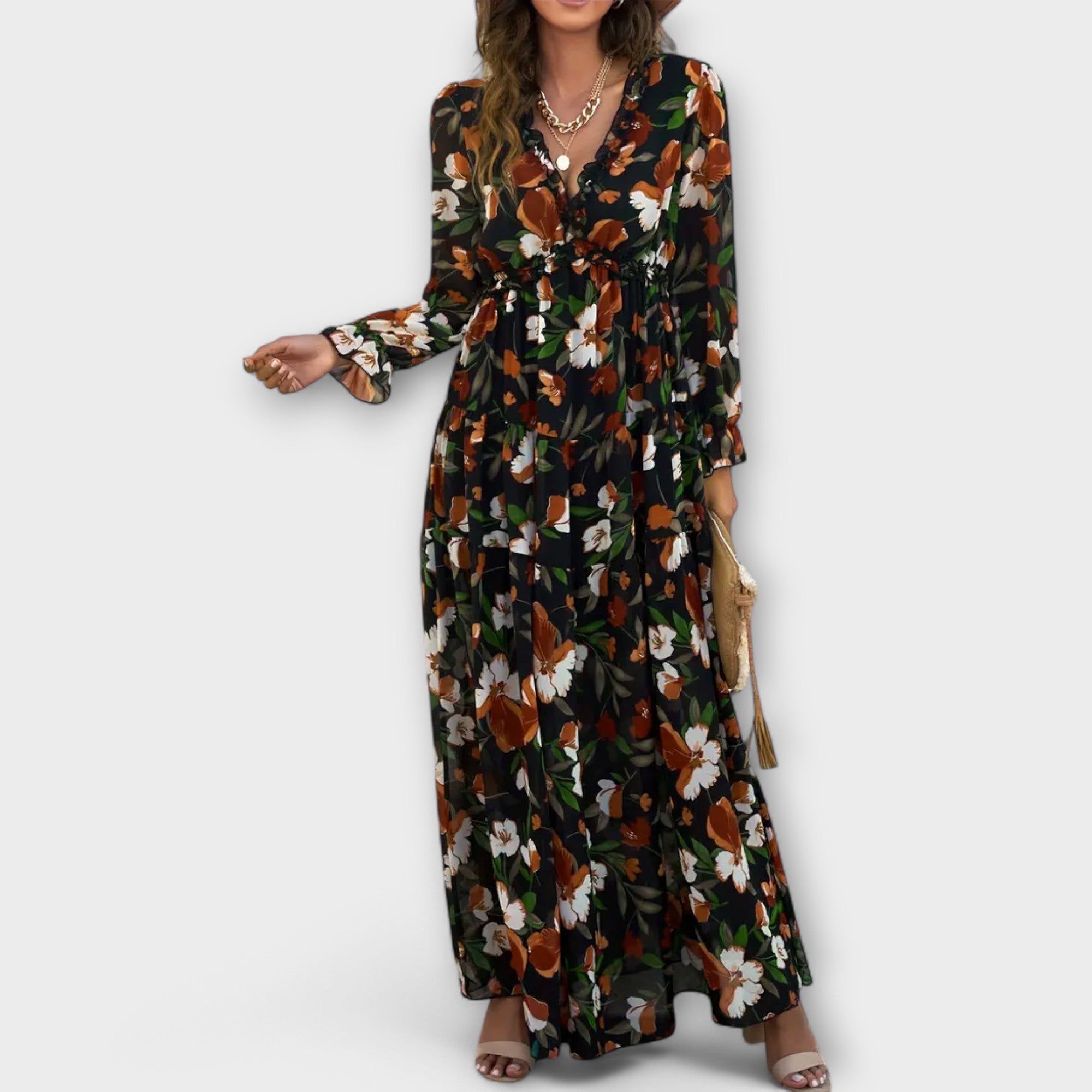 YNAH | V-neck floral maxi dress with long sleeves