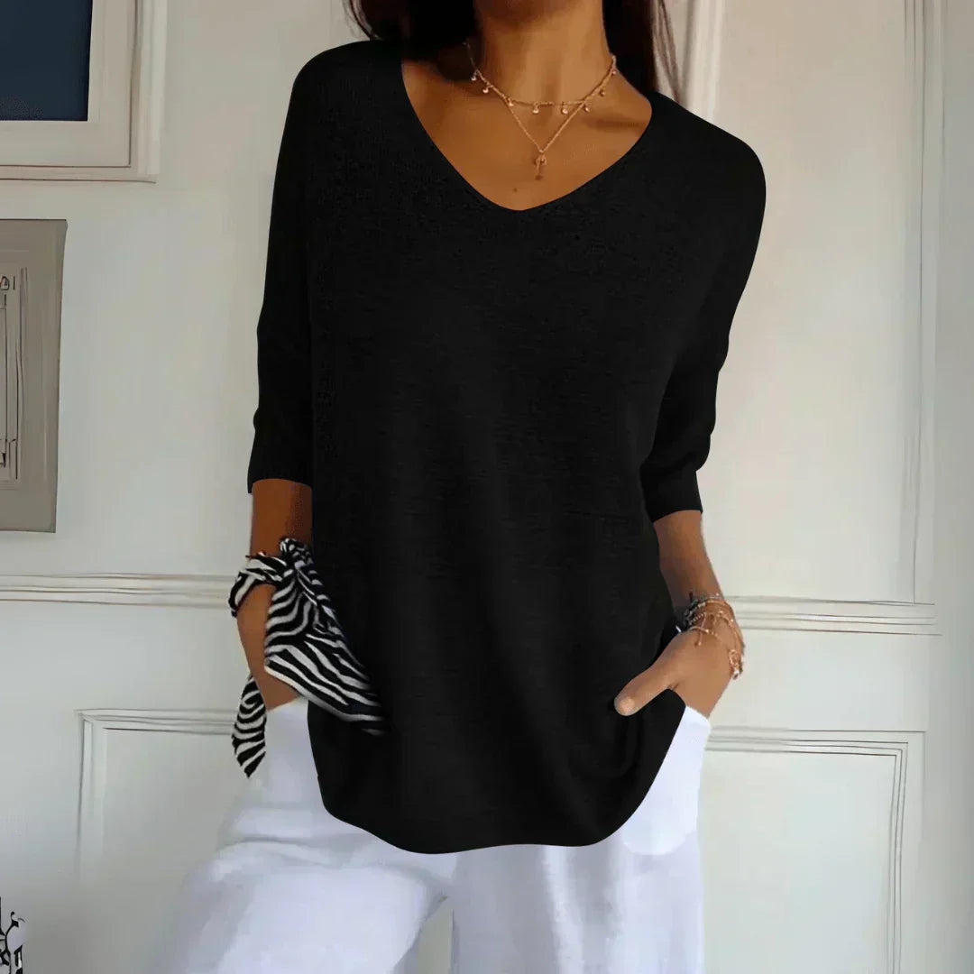 AZURE | Relaxed V-neck top with three-quarter sleeves