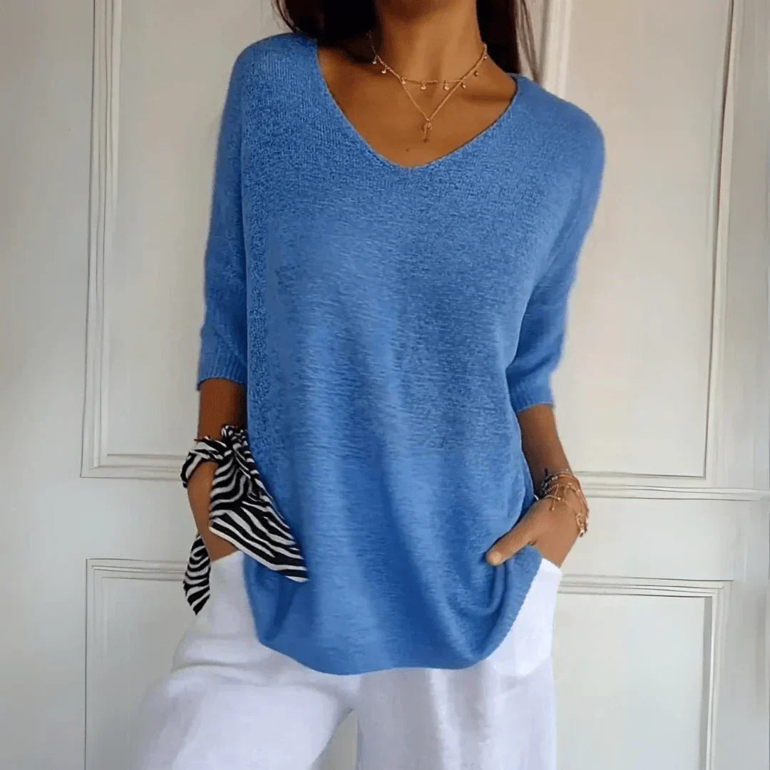 AZURE | Relaxed V-neck top with three-quarter sleeves