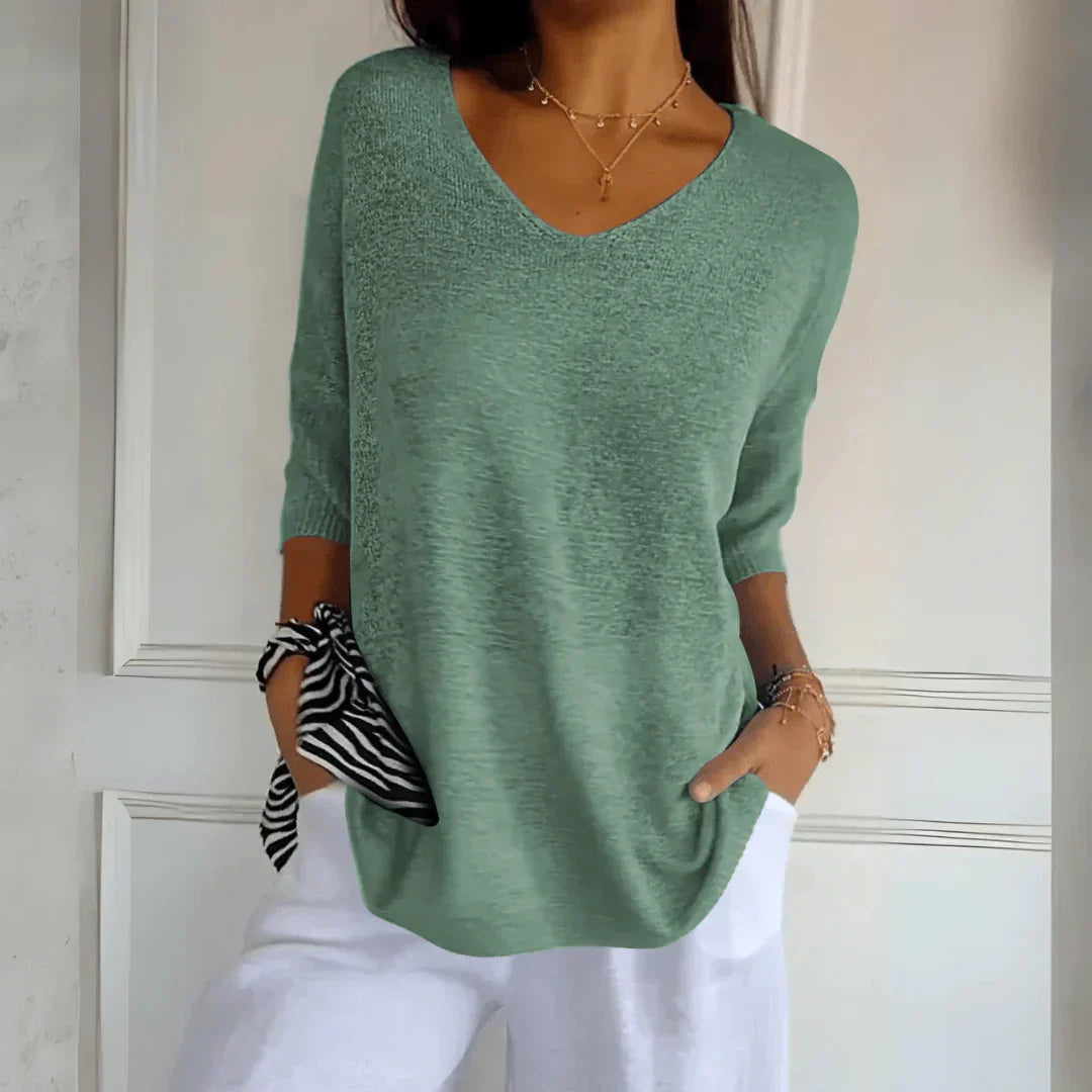 AZURE | Relaxed V-neck top with three-quarter sleeves