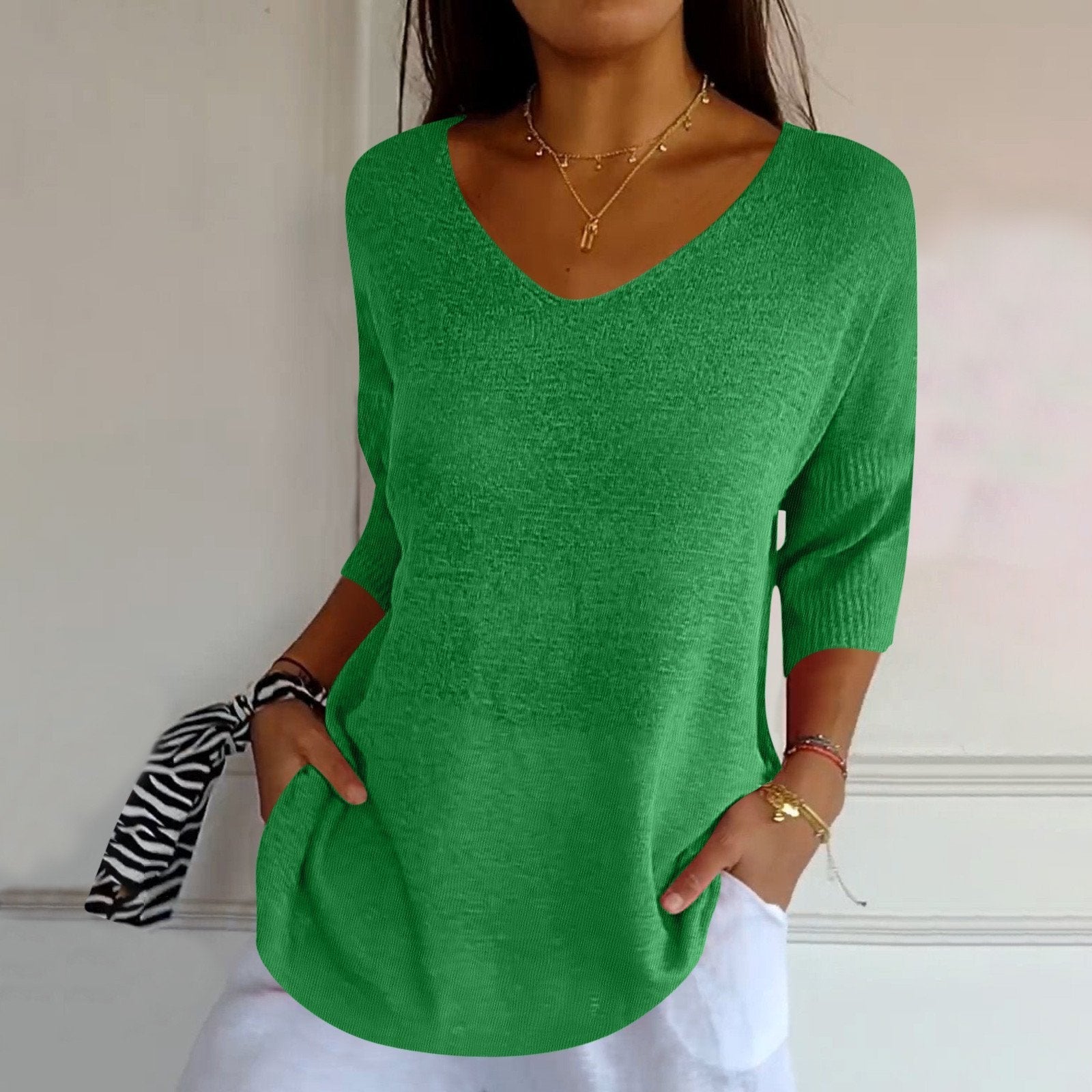AZURE | Relaxed V-neck top with three-quarter sleeves