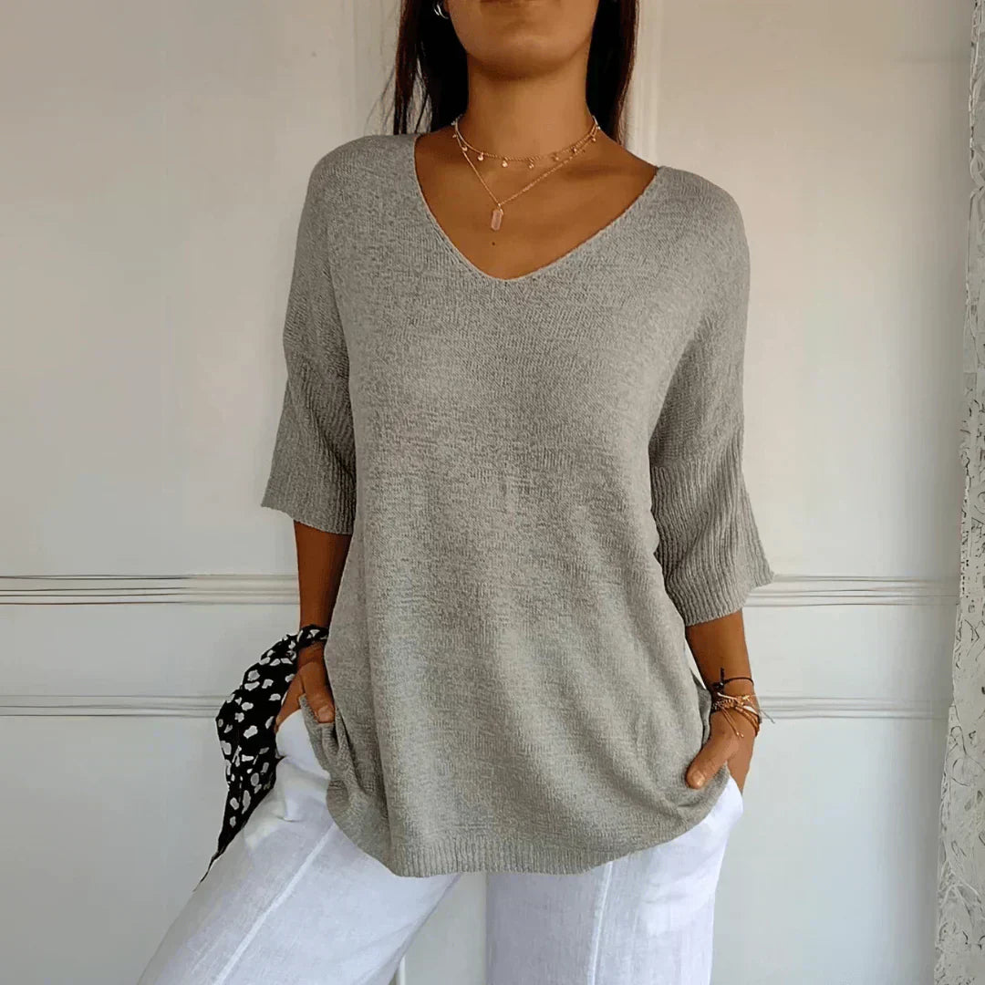 AZURE | Relaxed V-neck top with three-quarter sleeves