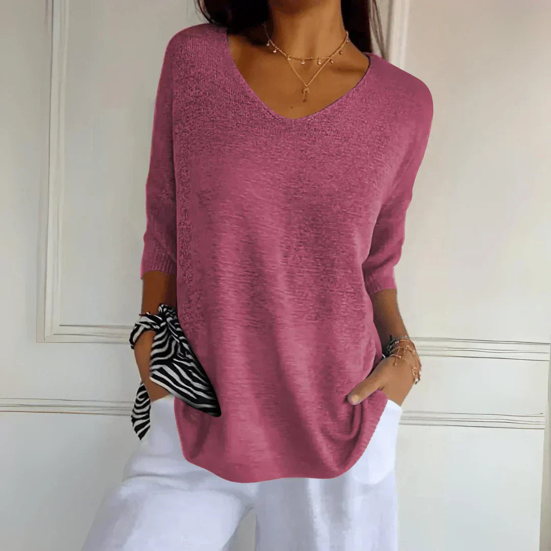 AZURE | Relaxed V-neck top with three-quarter sleeves