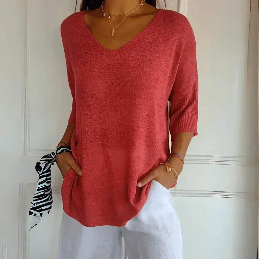 AZURE | Relaxed V-neck top with three-quarter sleeves