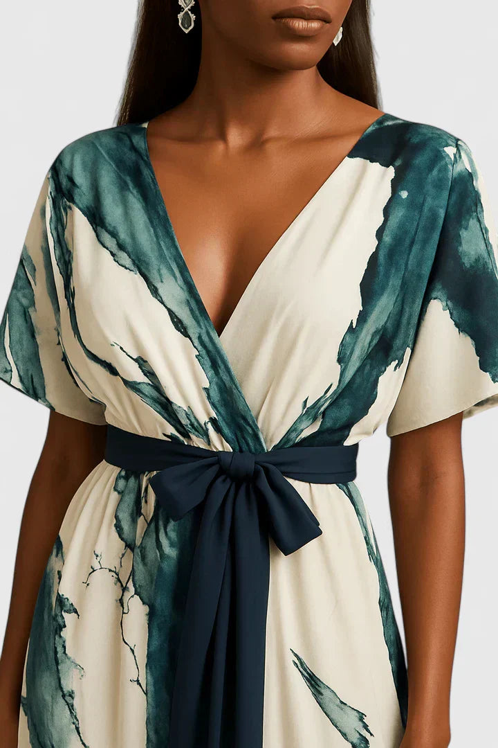 XAVRYNAH | Sleeveless V-neck dress with tie belt