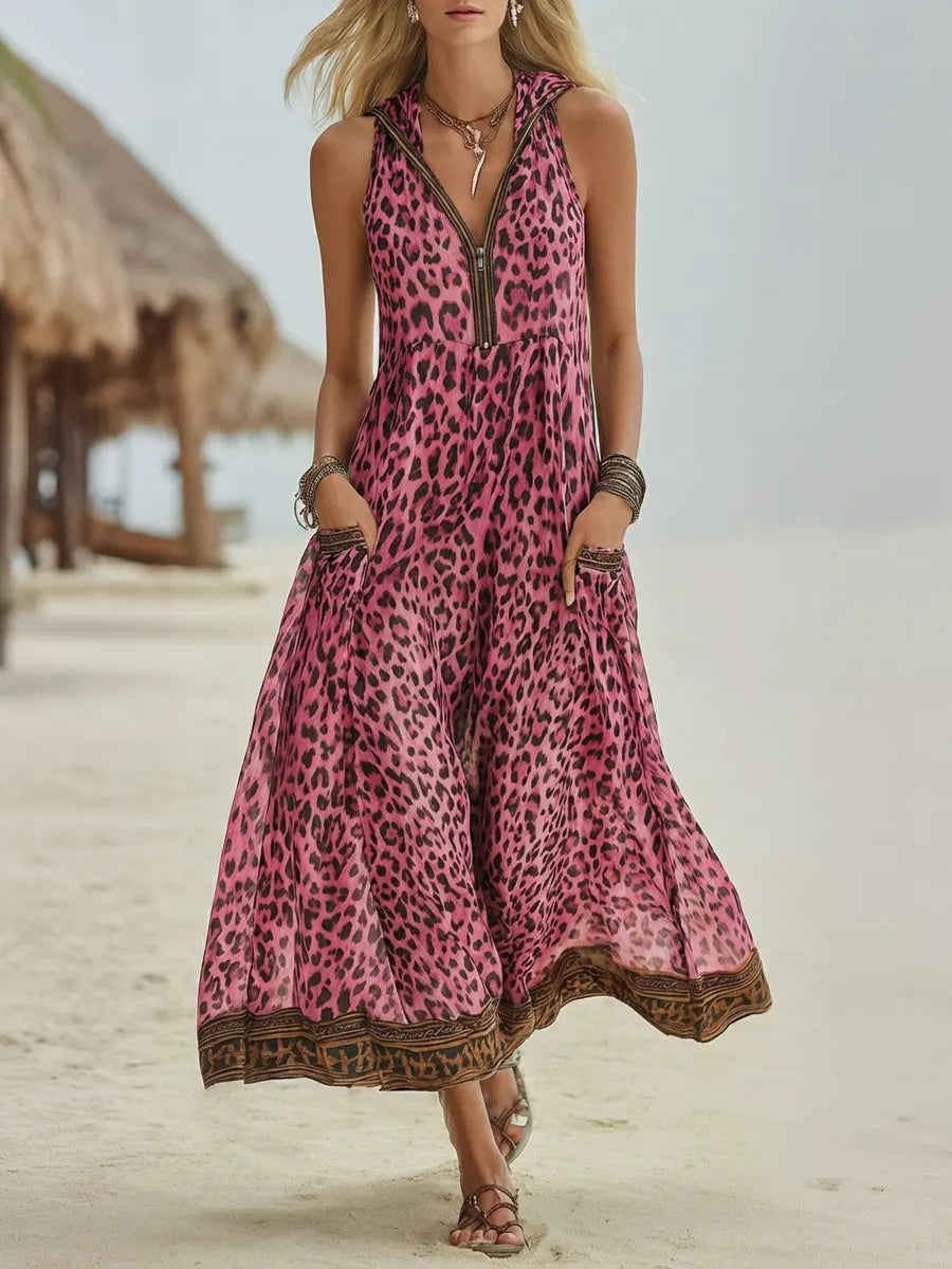 SUMMER | Sleeveless hooded midi dress with leopard print