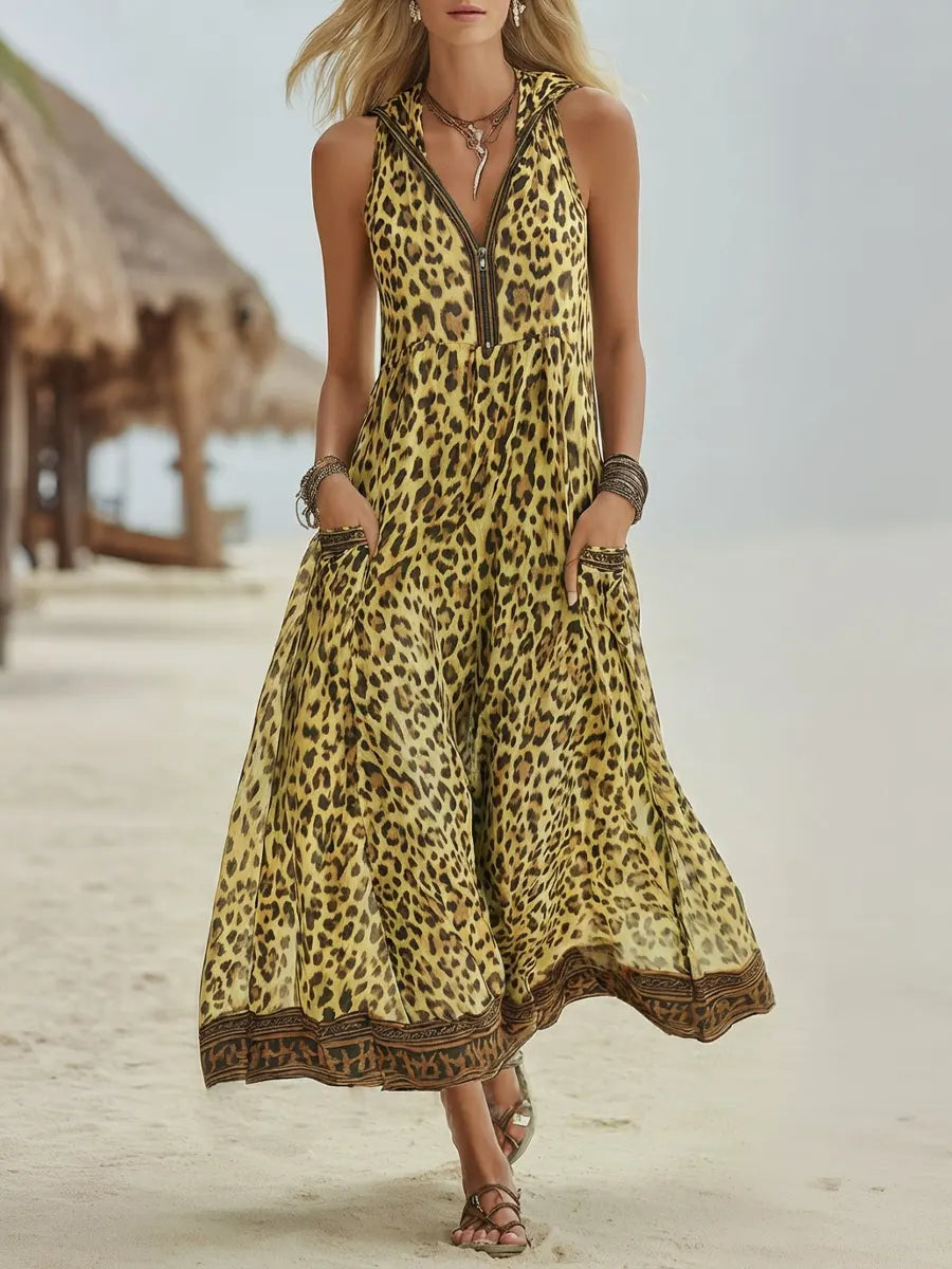 SUMMER | Sleeveless hooded midi dress with leopard print