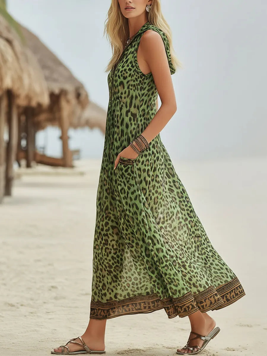 SUMMER | Sleeveless hooded midi dress with leopard print
