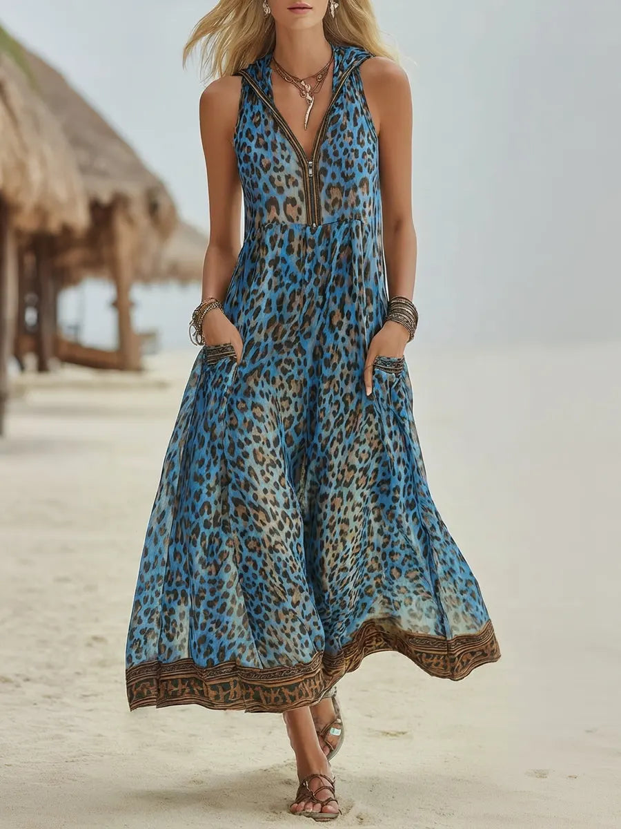 SUMMER | Sleeveless hooded midi dress with leopard print