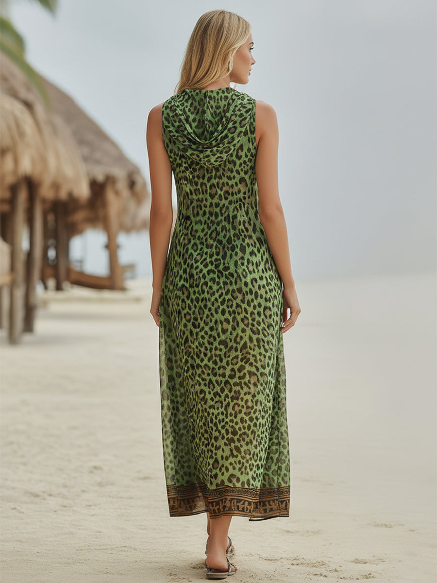 SUMMER | Sleeveless hooded midi dress with leopard print