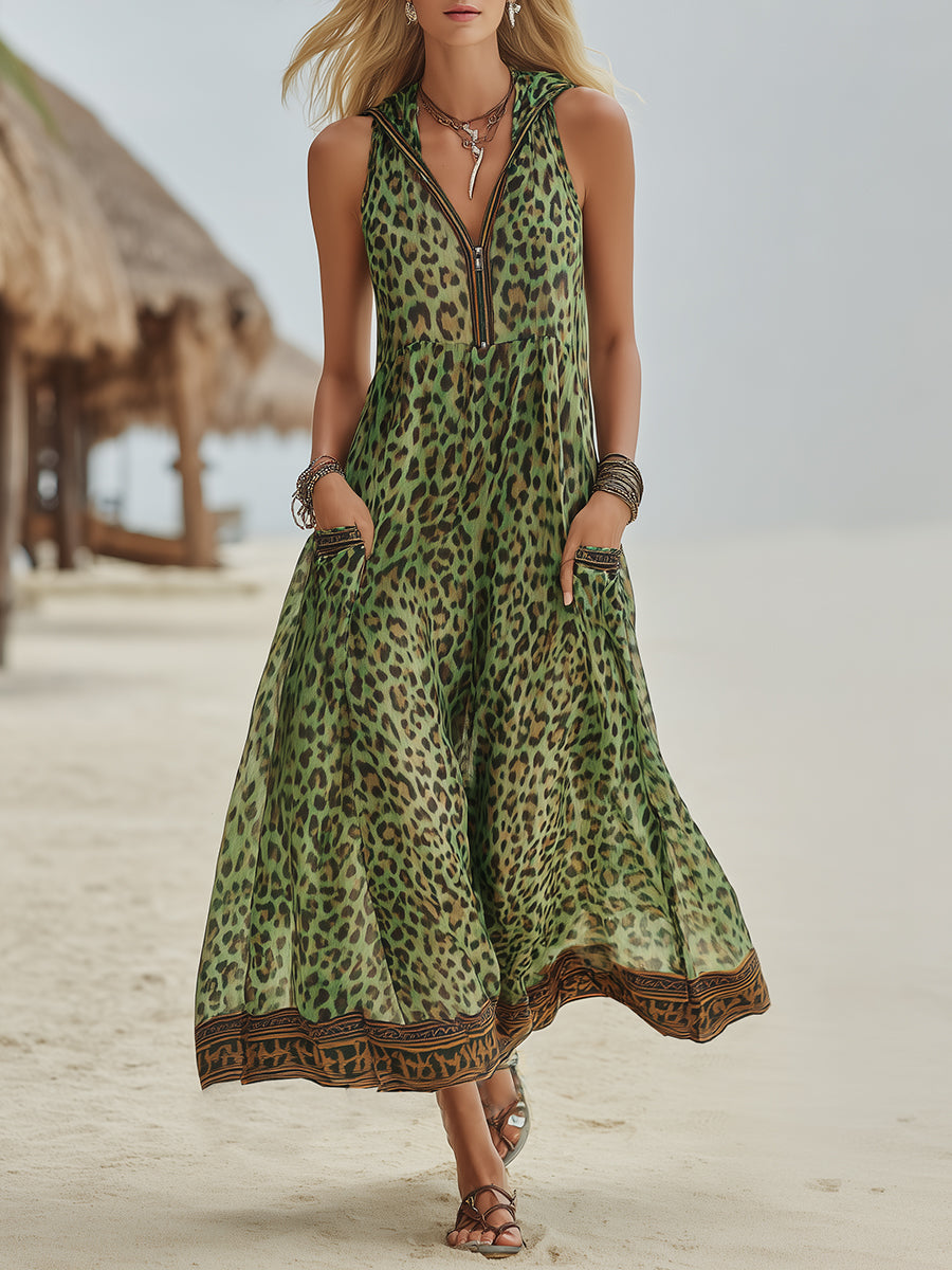 SUMMER | Sleeveless hooded midi dress with leopard print
